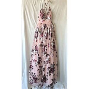 Pear Culture Pink Floral Foil Print Ball Formal Prom Long Gown NWT Size 3/4‎